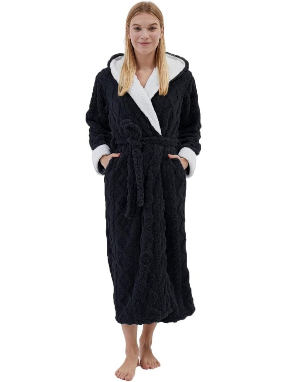 Cozy Hooded Fleece Bathrobe for Women - Long Plush Sherpa Trim Winter Robe